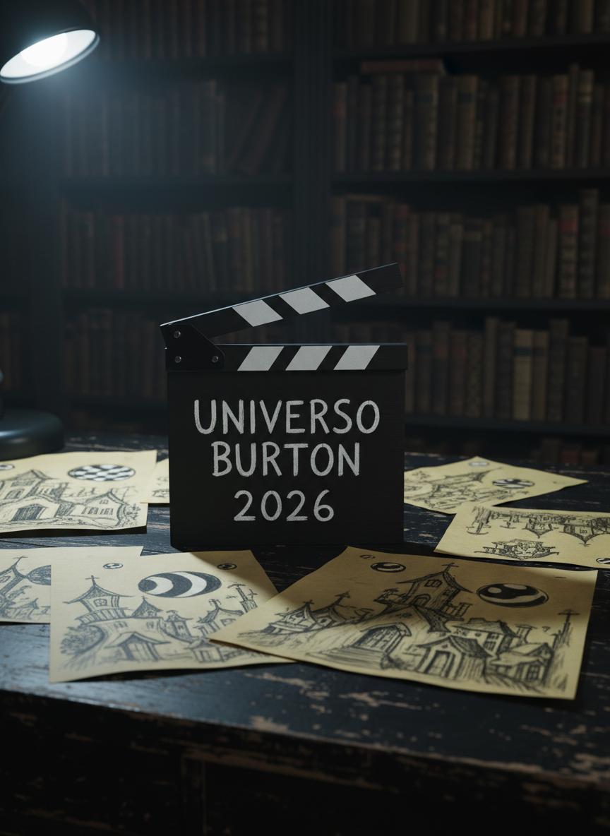 A meticulously detailed, hand-carved wooden film clapperboard painted in matte black with chalky white lettering spelling “Universo Burton 2026,” resting on a distressed, ink-black desk. Around it lie scattered storyboard panels of crooked houses, spiraling hills, and striped moons, all sketched in rough graphite. The scene is set in a dimly lit gothic study, walls barely visible behind towering shelves of worn, dark leather-bound books. A single cool desk lamp casts dramatic, cinematic side lighting, creating long, exaggerated shadows that bend and twist across the surface. Shot at eye level with a shallow depth of field, the clapperboard is razor sharp while the eerie background melts into soft, moody bokeh. The atmosphere is ominous yet academic, blending cinematic realism with a dark, Burton-esque visual style.