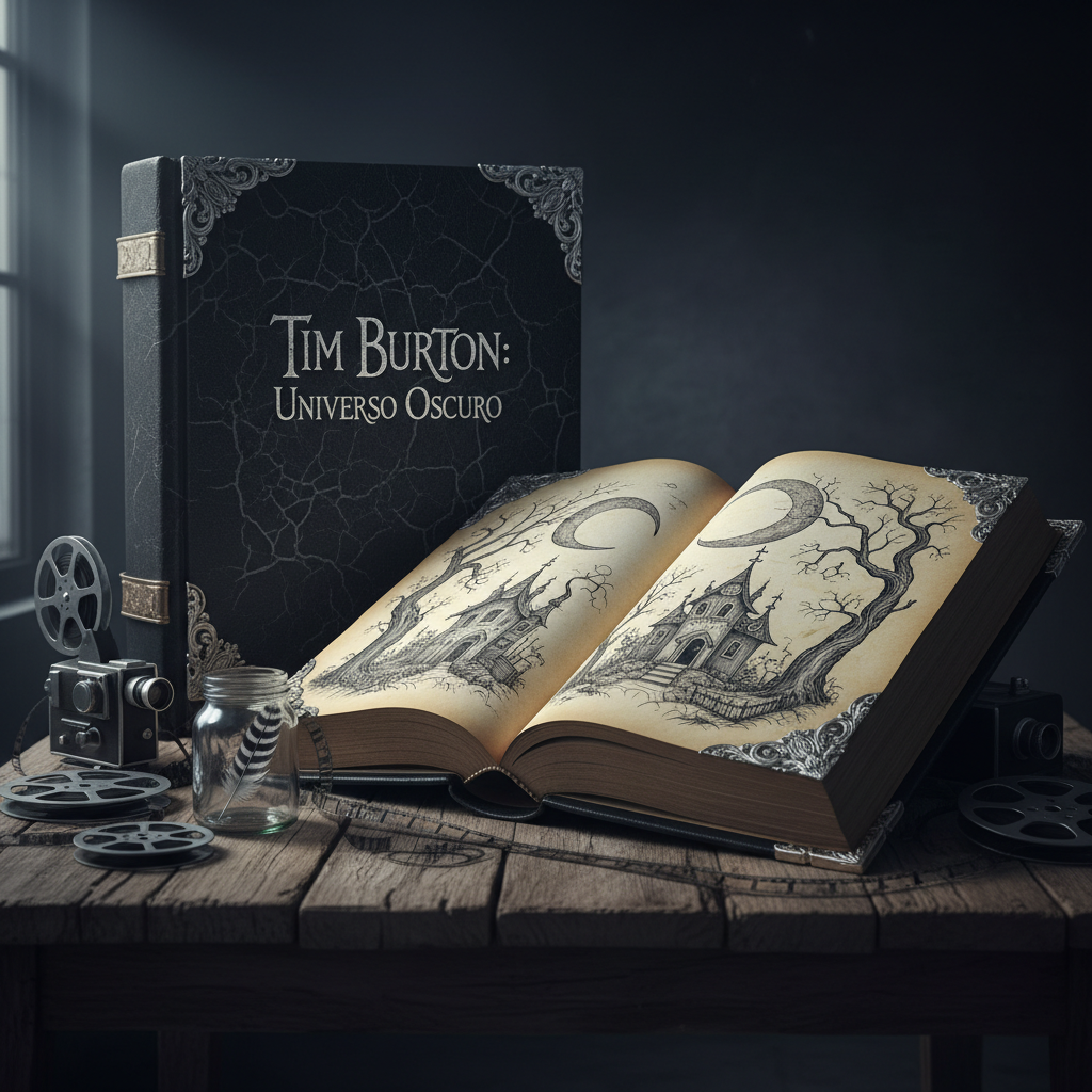 An ornate, oversized storybook titled “Tim Burton: Universo Oscuro” with a cracked black leather cover, silver embossed lettering, and curling metal corner protectors lies open on a weathered wooden table. The yellowed pages display intricate ink illustrations of lonely, crooked buildings, skeletal trees, and looming crescent moons. Surrounding the book are scattered film reels, a vintage projector, and a glass jar containing a single black-and-white striped feather. Cold, bluish light from an unseen window slants across the table, leaving the background in deep shadow. The cinematic lighting creates sharp contrasts and delicate highlights along the metallic details. Captured from a slightly elevated angle using the rule of thirds, the open book dominates the frame, while the surrounding props fade into gentle blur. The mood is darkly academic and mysterious, evoking a visual encyclopedia of Burton’s universe without showing any people.