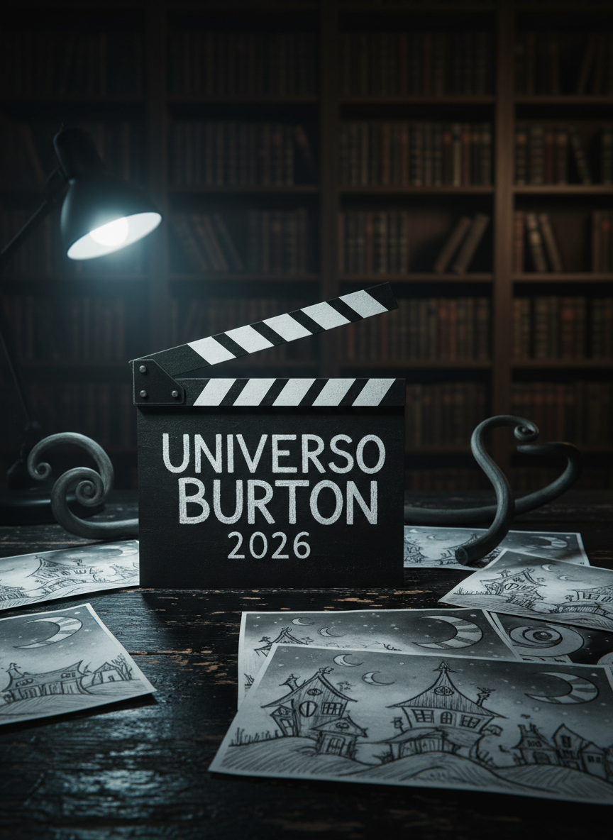 A meticulously detailed, hand-carved wooden film clapperboard painted in matte black with chalky white lettering spelling “Universo Burton 2026,” resting on a distressed, ink-black desk. Around it lie scattered storyboard panels of crooked houses, spiraling hills, and striped moons, all sketched in rough graphite. The scene is set in a dimly lit gothic study, walls barely visible behind towering shelves of worn, dark leather-bound books. A single cool desk lamp casts dramatic, cinematic side lighting, creating long, exaggerated shadows that bend and twist across the surface. Shot at eye level with a shallow depth of field, the clapperboard is razor sharp while the eerie background melts into soft, moody bokeh. The atmosphere is ominous yet academic, blending cinematic realism with a dark, Burton-esque visual style.