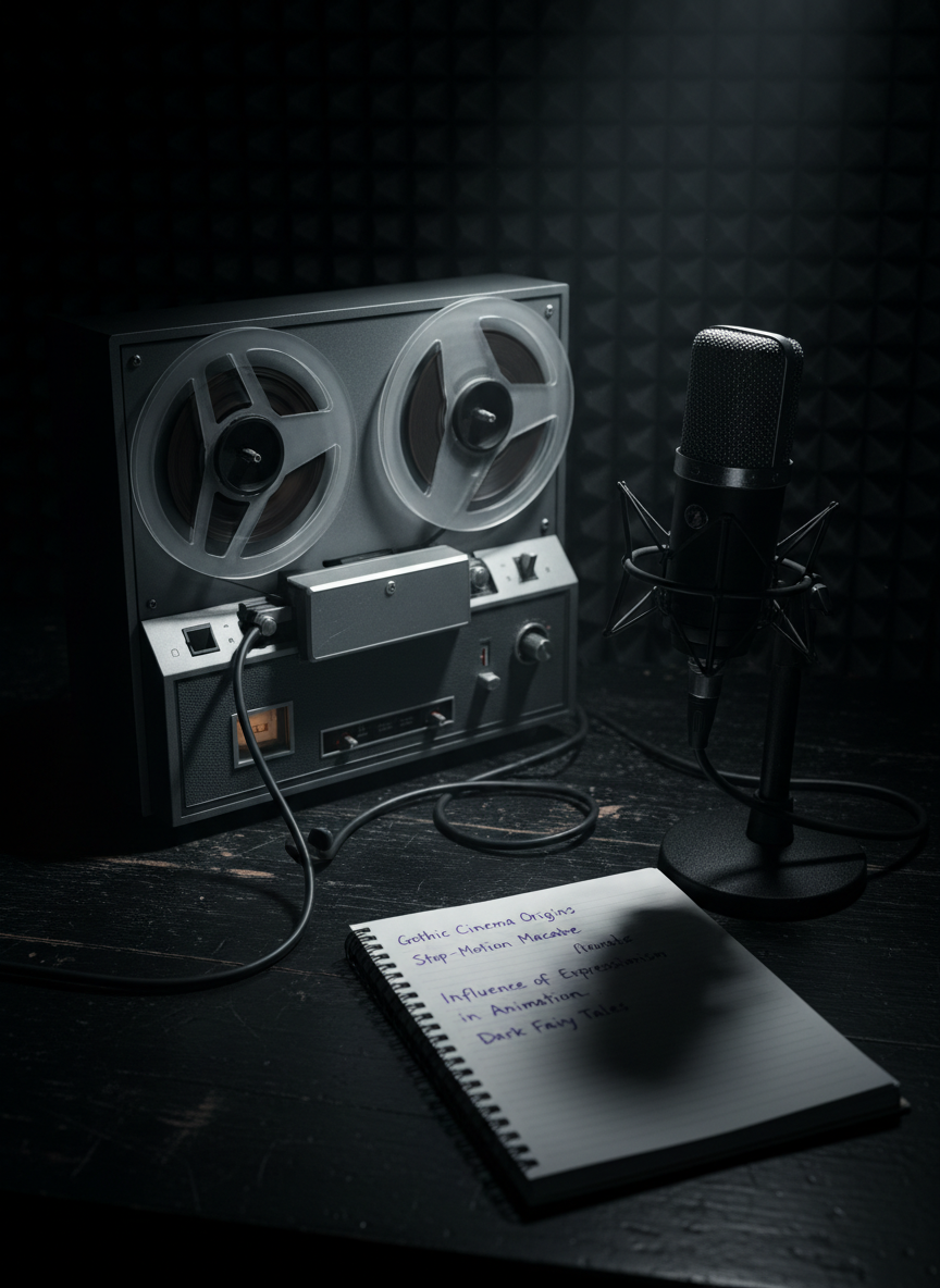 A vintage reel-to-reel tape recorder in gunmetal gray with large, transparent reels sits on a scratched black desk, its cables snaking toward a heavy, matte-black microphone mounted on a spider-like stand. The microphone’s metal grille is scuffed, and an open notebook beside it reveals handwritten, slanted interview questions in deep violet ink about gothic cinema and animation. Behind, a dark acoustic foam wall rises, its geometric patterns barely visible in low light. A single, cool spotlight falls diagonally across the recorder and notebook, throwing the microphone into a stark, cinematic silhouette that stretches toward the edge of the frame. Shot at a close, three-quarter angle with shallow depth of field, the focus lingers on the interview tools, while the studio background dissolves into soft darkness. The mood is tense, intimate, and scholarly, perfect for a dark-themed interview section without any human presence.