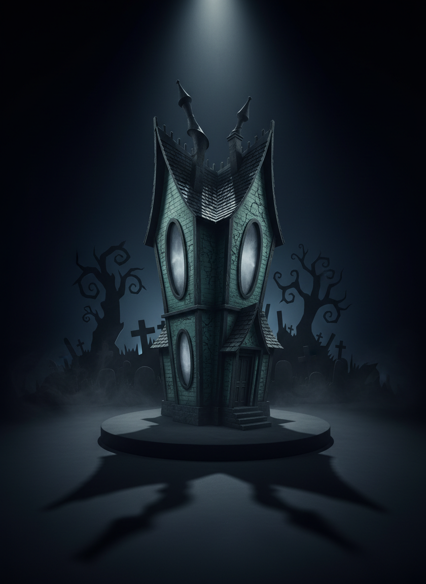 A narrow, impossibly tall model house painted in desaturated teal and soot-black, with sharply angled rooflines and crooked chimneys, stands alone on a small circular stage of matte charcoal. Its windows are tall ovals filled with murky, frosted glass, and the siding is textured with peeling paint and hairline cracks. Behind it, jagged cardboard silhouettes of a graveyard and twisted trees rise against a deep indigo backdrop. A single overhead spotlight creates dramatic, theatrical lighting, casting an exaggerated, elongated shadow of the house that stretches toward the viewer. Shot from a low-angle cinematic perspective, the composition makes the house feel towering and unsettling. A faint mist hugs the base of the set, illuminated just enough to reveal swirling texture. The style is dark, stylized realism, echoing Tim Burton’s signature architecture for an educational section on his visual worlds.