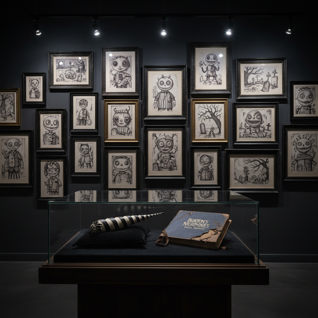 A meticulously arranged wall of framed, hand-drawn concept art for imaginary Burton-style films, each frame a different size and slightly crooked on purpose, fills the background of a dim exhibition room. The drawings depict stop-motion puppets, stitched-together creatures, and moonlit graveyards rendered in ink and muted watercolor tones of charcoal, bone white, and faded violet. In the foreground, a glass display case holds a single striped, spiral-shaped prop and an aged director’s sketchbook bound in cracked navy leather. Cool, directional track lighting from above creates pools of light on select frames, leaving others half-submerged in shadow, producing a moody, cinematic gallery feel. Captured in a wide, slightly off-center composition with medium depth of field, the image suggests a curated educational exhibit about Burton’s visual development, rich in textural detail and dark atmosphere.